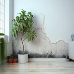 damp room with damp walls and floors a plant and a sofa